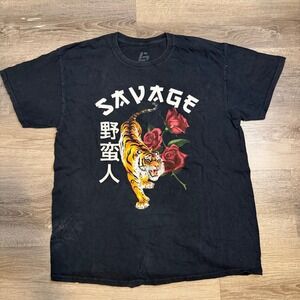 Black Tiger Rose Graphic T Shirt Large Mens Streetwear